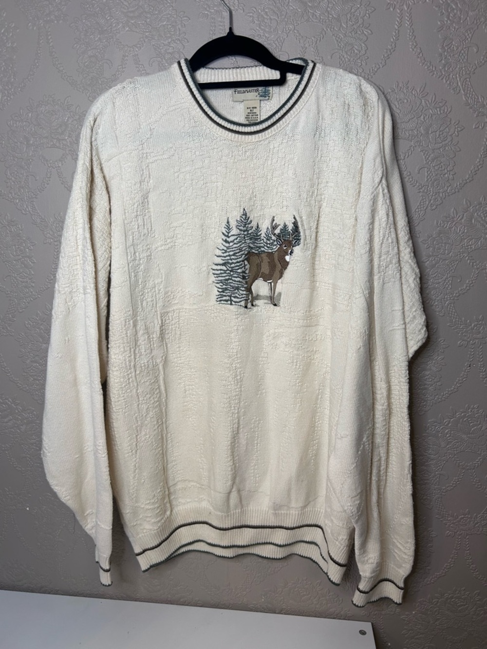 Men's Cream Crewneck Sweater with Embroidered Moose